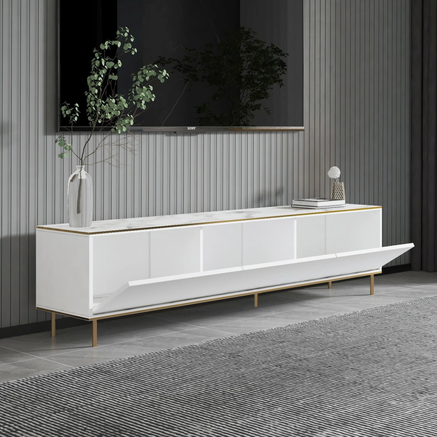 Komodë për TV Hanah Home, Imaj, mermer i bardhë, ari