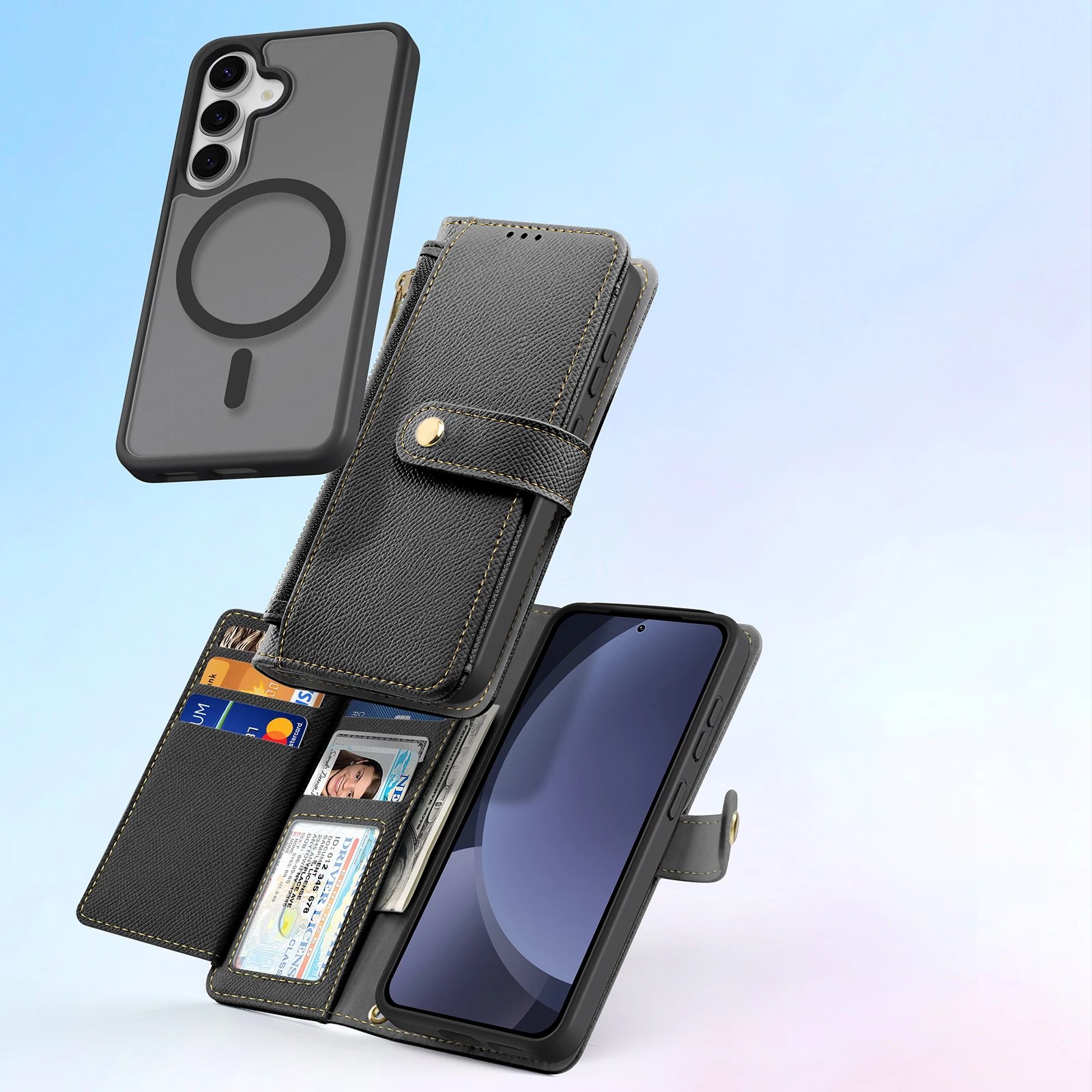 Mbështjellës Dux Ducis Lawa për Samsung Galaxy S25, lëkurë, me portofol magnetik, i zi