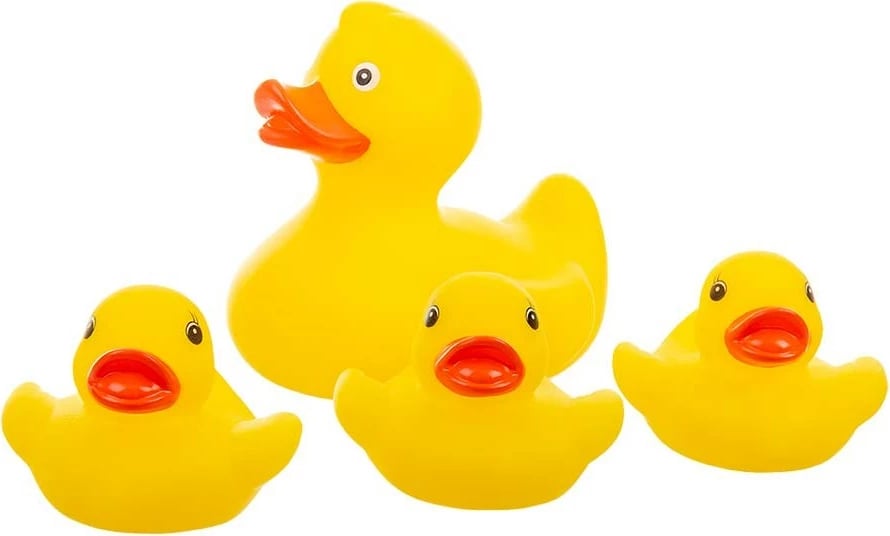 Lodër banjoje, Akuku Duckies, rosakë gome pa BPA me spërkatje uji, e verdhë, set 4-copësh