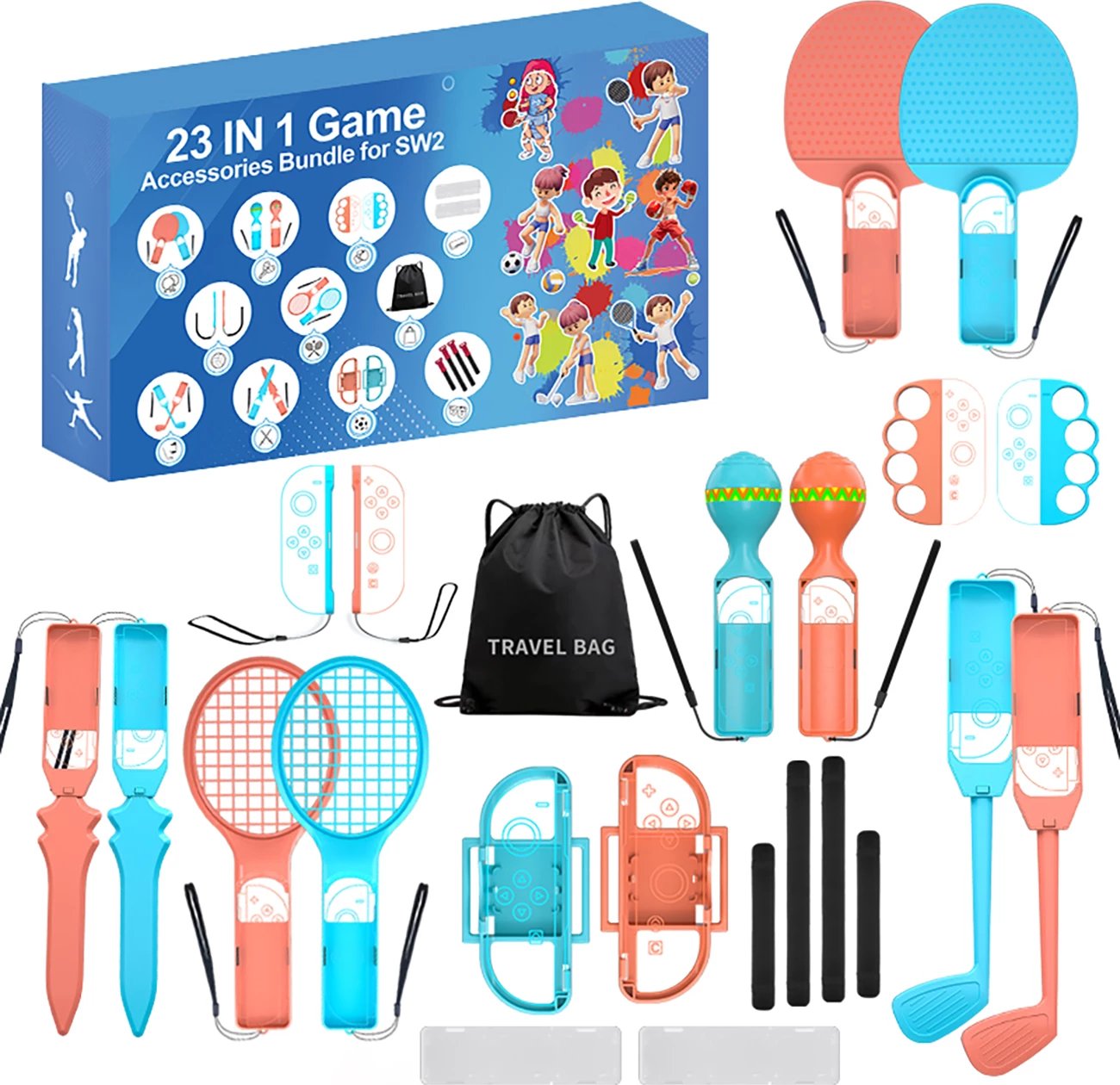 Set aksesorësh lojërash 23-në-1 për Nintendo Switch 2, Hurtel Family Accessory Pack 2, plastikë, portokalli e kaltër, set 23 pjesë