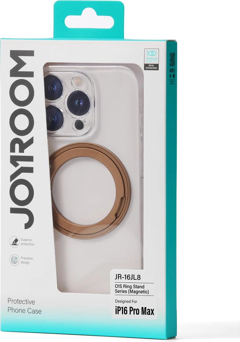 Mbështjellës Joyroom JR-16JL6 për iPhone 16 Pro, ultra i hollë 1.3 mm, magnetik MagSafe me unazë 360°/qëndrues, PC + metal, ari