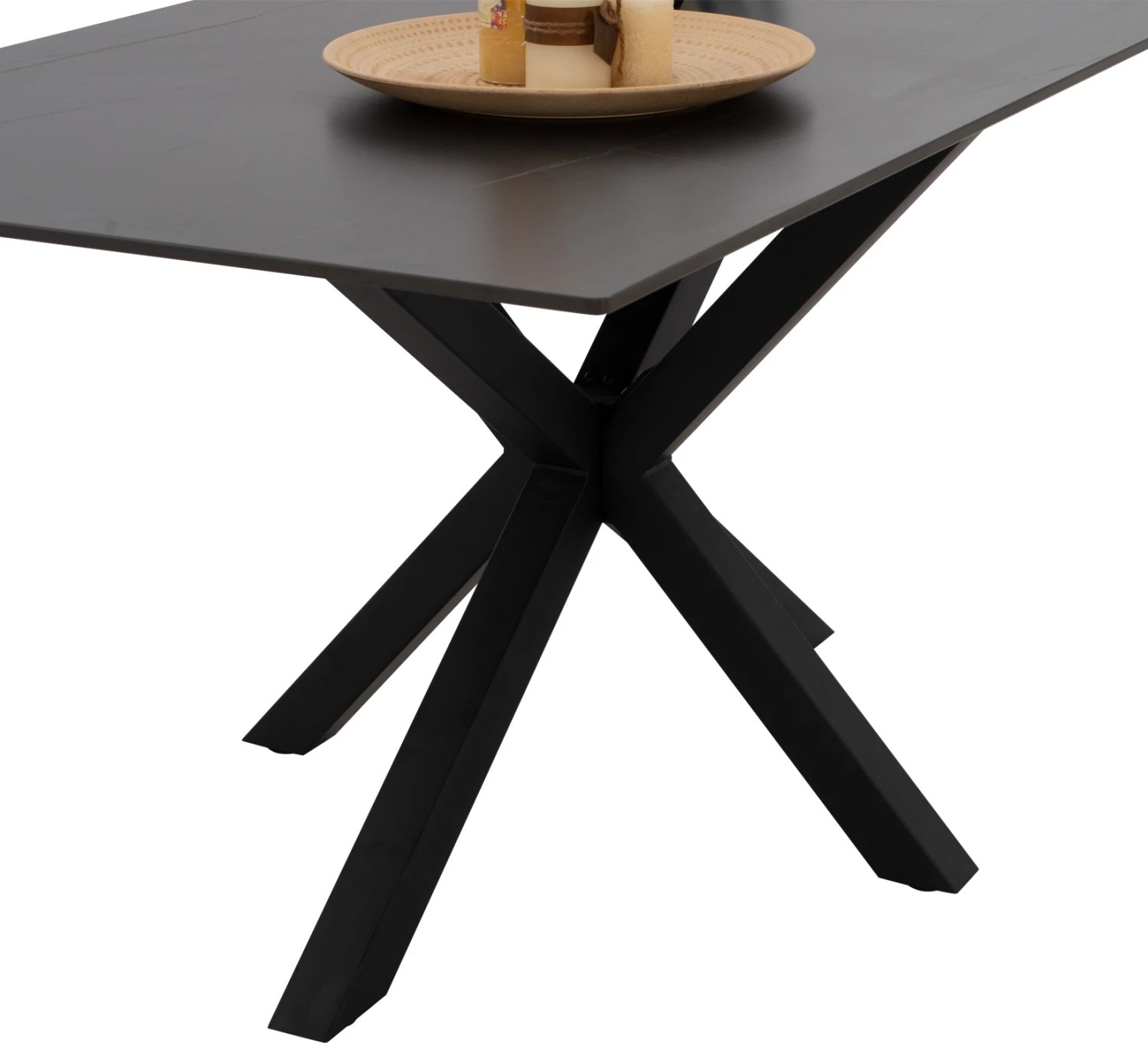 Tavolinë për ngrënie, gur i sinteruar, këmbë metali të zeza, 160x90x75 cm