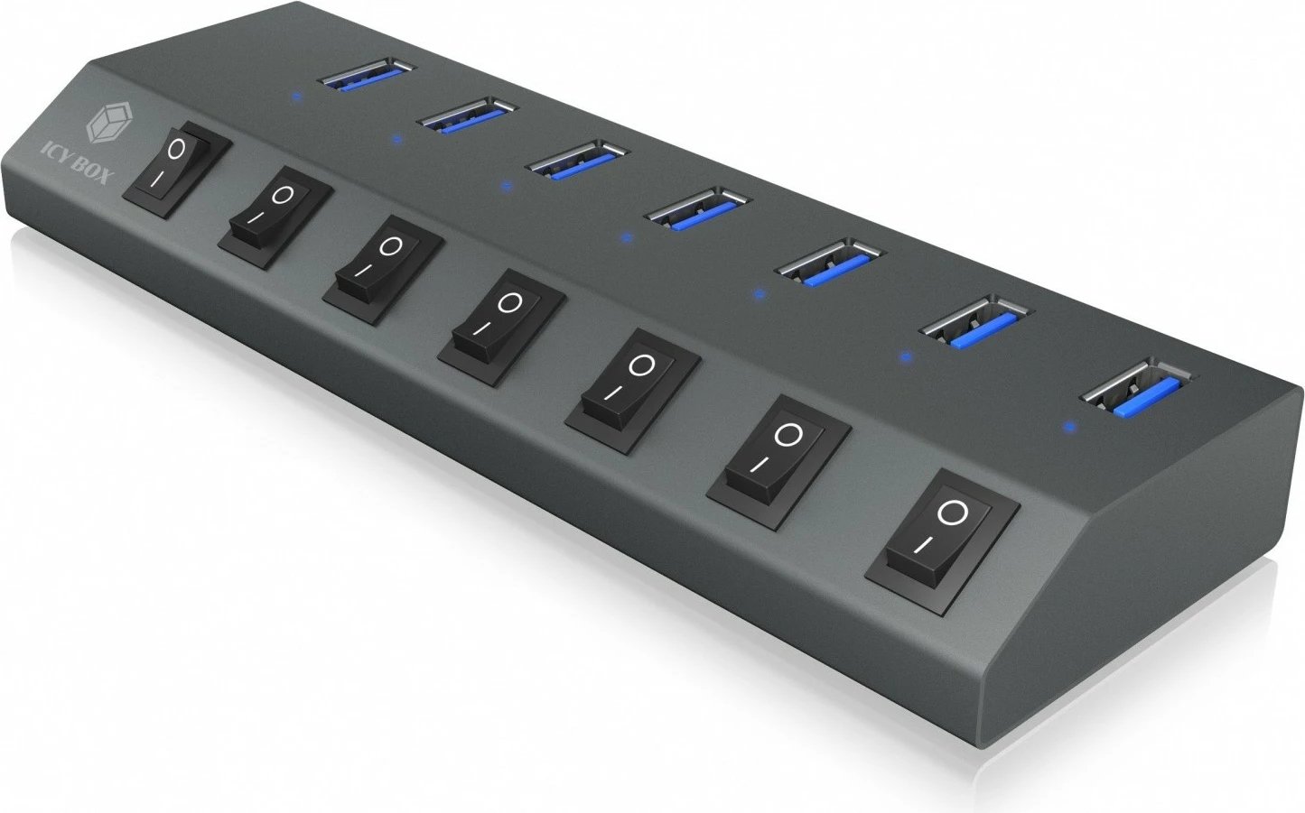 Kasë USB hub IcyBox IB-HUB1701-C3, 7x USB Type-A, me çelësa on/off, antracit