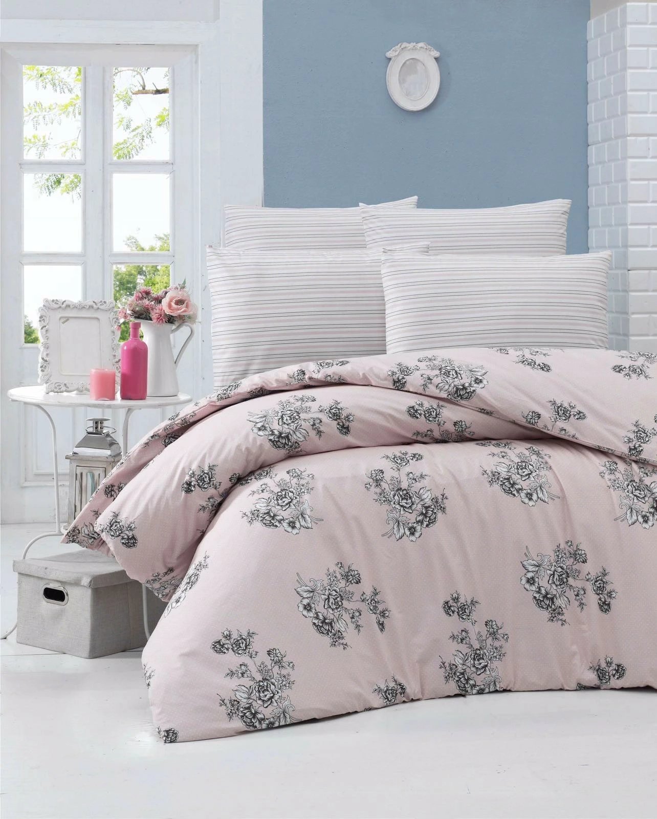 Set mbulesë për jorgan King, L'essentiel, Bouquet, ngjyrë gri dhe pluhur