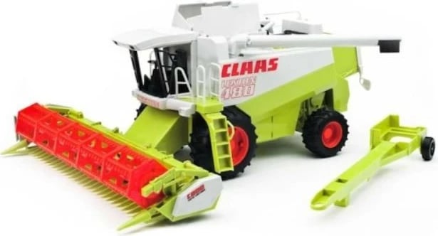 Lodër kombajnë gruri, BRUDER, BR-02120 Claas Lexion 480, shkallë 1:16, me pjesë lëvizëse dhe karrocë transporti, bardhë/jeshile/kuqe/zezë