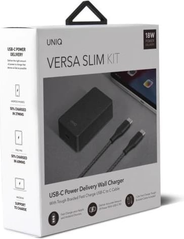 Karikues muri UNIQ Versa Slim LITHOS Collective me USB-C PD 18W dhe kabllo USB-C/USB-C 1.2m, Zi