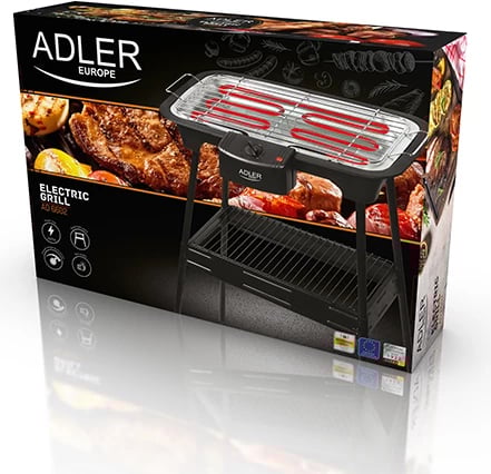 Grill elektrik, Adler AD 6602, 2000W, rregullim temperature, termostat me dritë, ngrohës i heqshëm, tabaka uji, me qëndrim