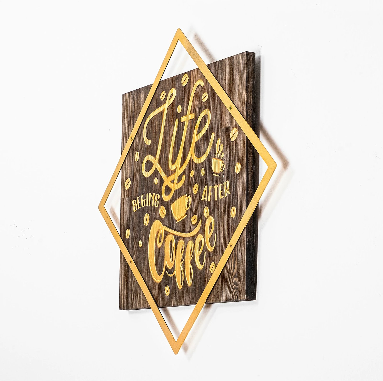 Aksesor dekorativ për mur, dru arre dhe ar, Wallity, Life Begins After Coffee