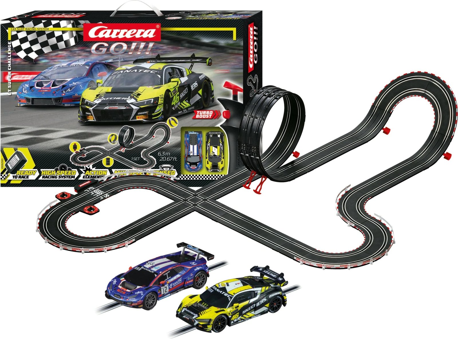 Set gare Carrera GO!!! GT Super Challenge, 2 makina, pistë 6.3m, multikolor