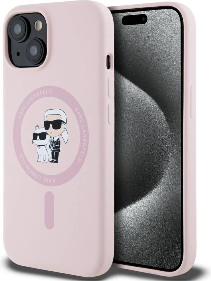 Mbështjellës Karl Lagerfeld Silicone Karl&Choupette MagSafe për iPhone 15 Plus, Rozë