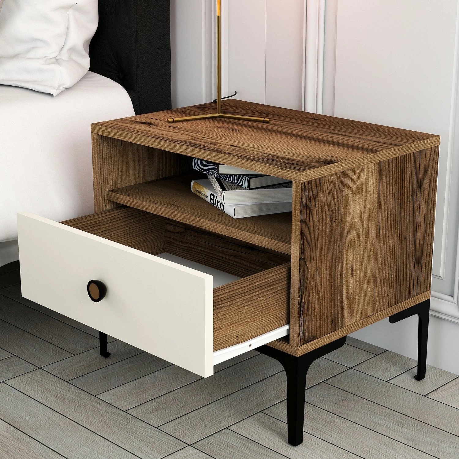 Komodinë natës Hanah Home, Lizbon 533, ngjyrë arre dhe krem