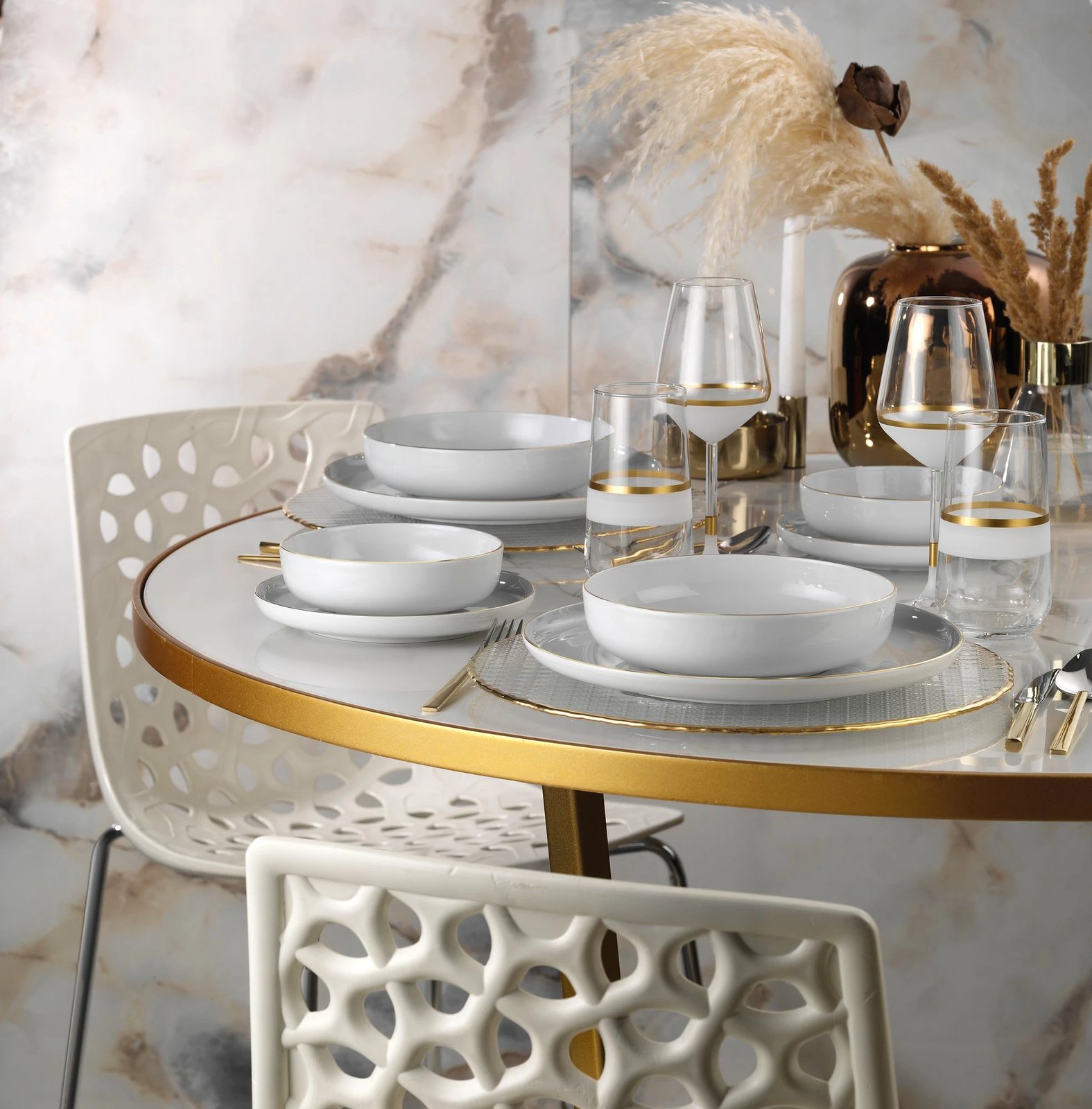 Set enësh për drekë (24 copë), Hermia Concept, MOD24Y220, ngjyrë ari dhe e bardhë