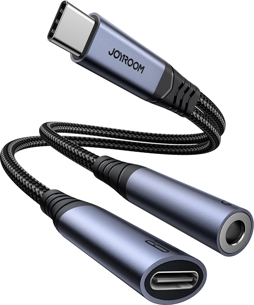 Adapter 2-në-1 Joyroom SY-C02, USB-C në USB-C/3.5mm mini jack, i zi