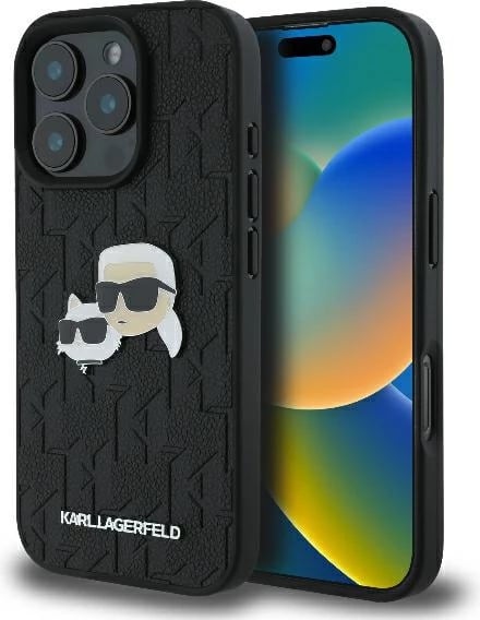 Mbështjellës Karl Lagerfeld Monogram Karl & Choupette Head Pin për iPhone 16 Pro, i zi