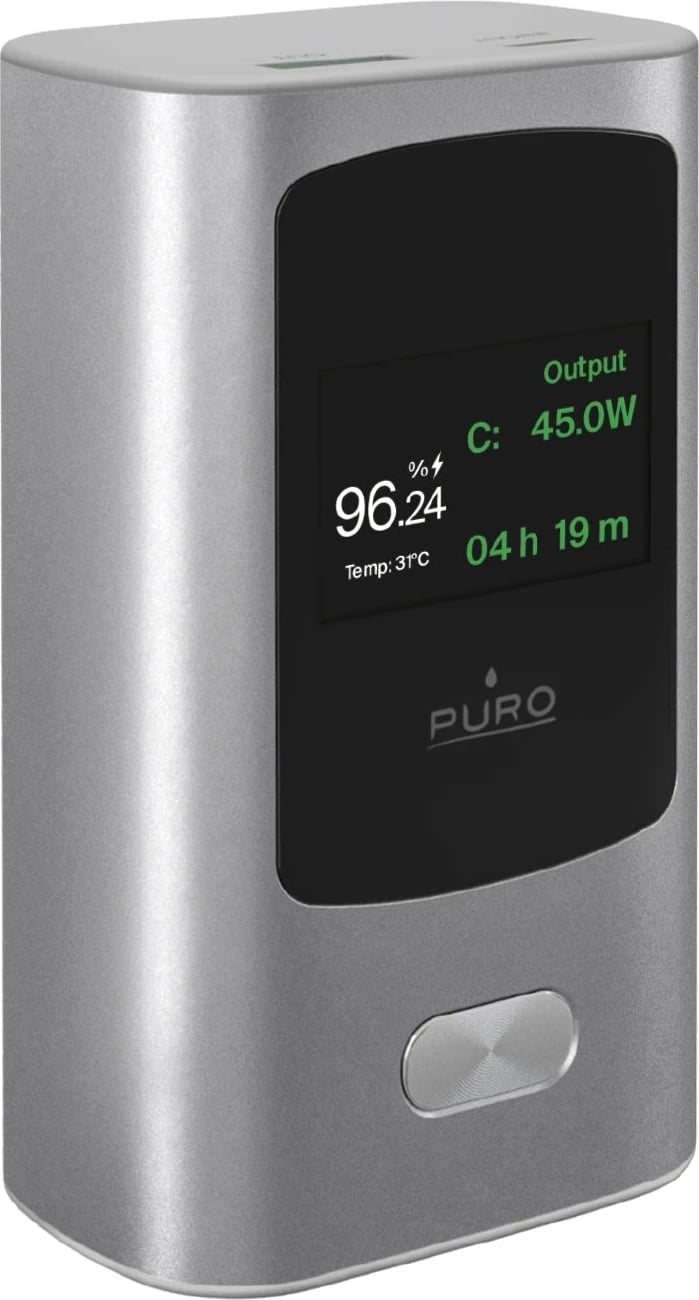 Power bank Puro PUFCBB100P10DKGR 10000mAh 45W PD, 2 porta USB-C/USB-A, ekran LED, gri