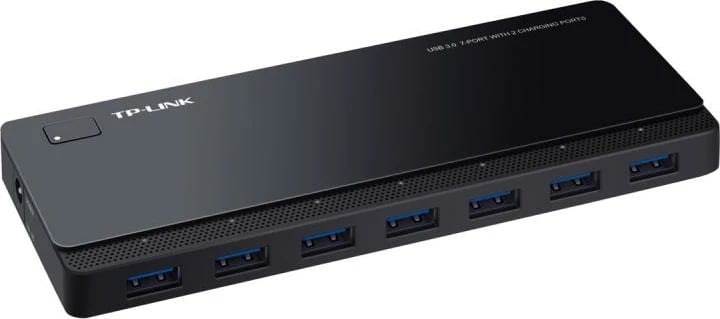 Hub USB, TP-Link UH720, 7x USB 3.0, 2 porta karikimi të shpejtë, me furnizim energjie, e zezë