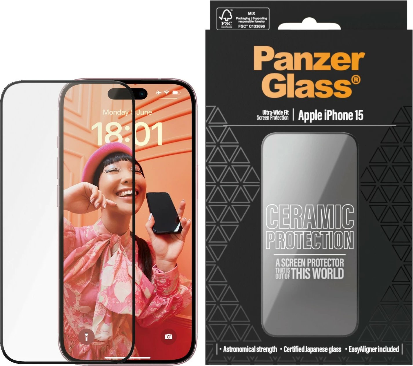 Mbrojtës ekrani PanzerGlass për iPhone 15, Ceramic, Ultra-Wide Fit, transparent