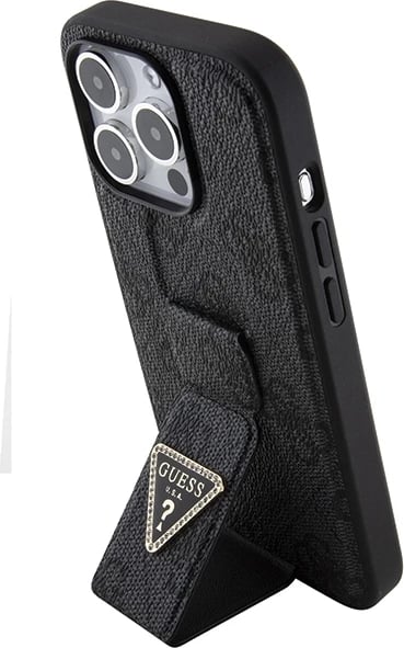 Mbështjellës Guess Grip Stand 4G Triangle Strass për iPhone 15 Pro Max, i zi