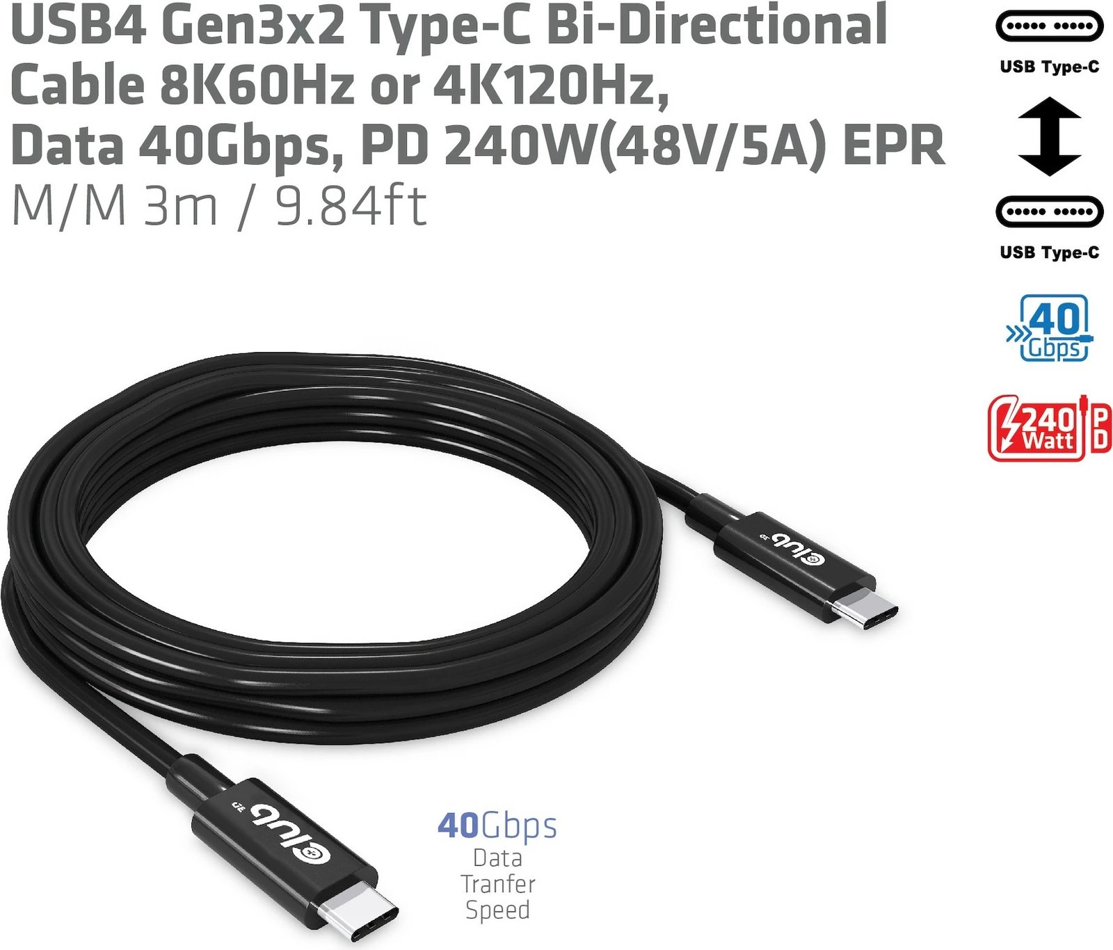 Kabllo USB Type-C Club3D 3m, 240W, 8K, 40Gbps, e zezë