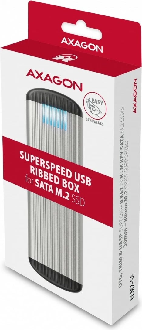 Kasë e jashtme AXAGON EEM2-SA për M.2 SATA SSD, USB 3.2 Gen 1, Alumini, E zezë/Argjendtë