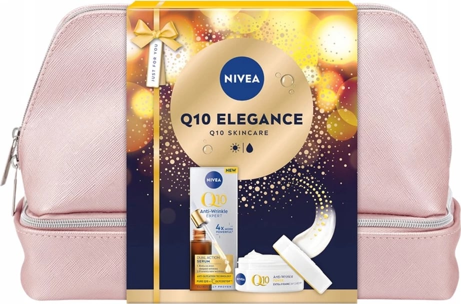 Set për fytyrë Nivea Q10 Elegance për femra, serum 30ml + krem dite 50ml + çantë kozmetike