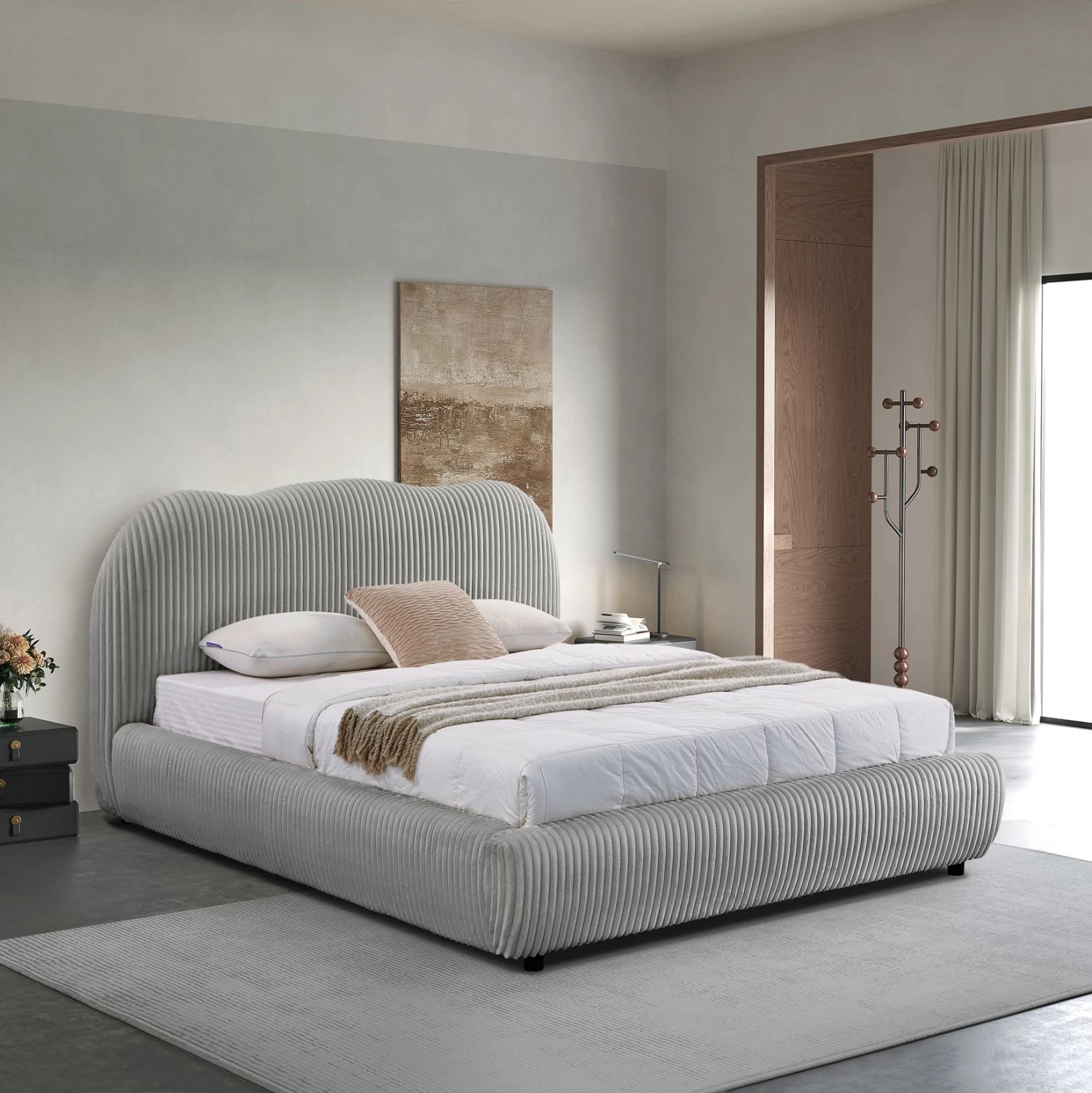 Krevat dopio me hapësirë për depo, material pelushi sintetik, ngjyrë gri, KALLY FH729.01, dyshek 160x200cm