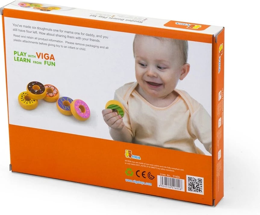 Lodër druri, Viga, donut prej druri, diametër 60 mm, për 18+ muaj, shumëngjyrësh, set 6 copë