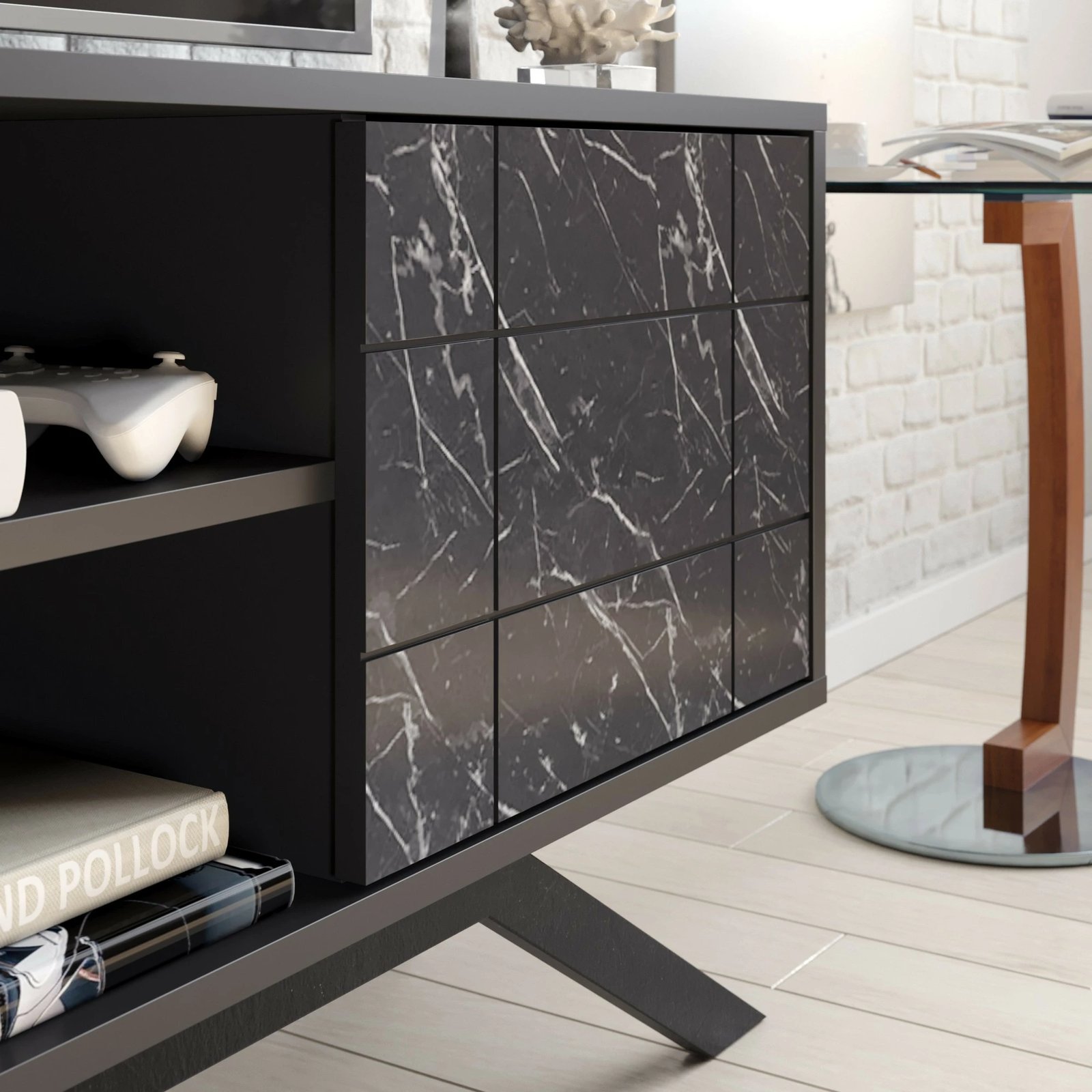 Komodë TV Hanah Home, ngjyrë e zezë, detaje mermeri