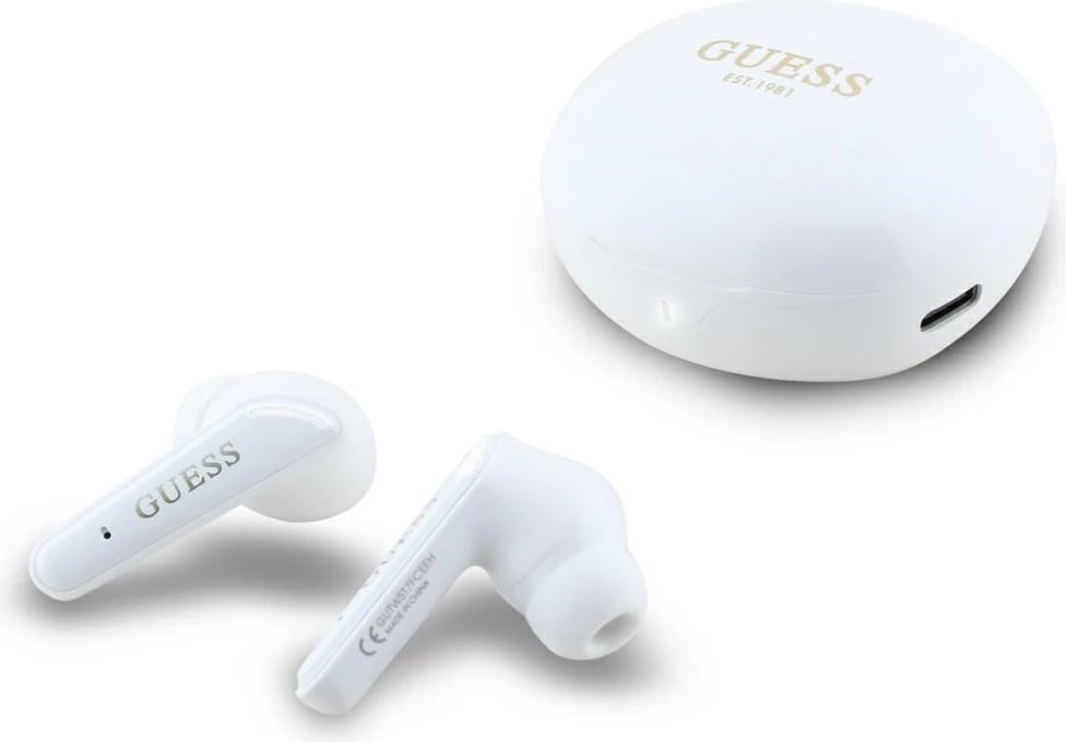 Kufje Guess Flat Classic Logo TWS, Bluetooth 5.4, me stacion karikimi, të bardha Kufje Guess Flat Classic Logo TWS, Bluetooth 5.4, me stacion karikimi, të bardha
