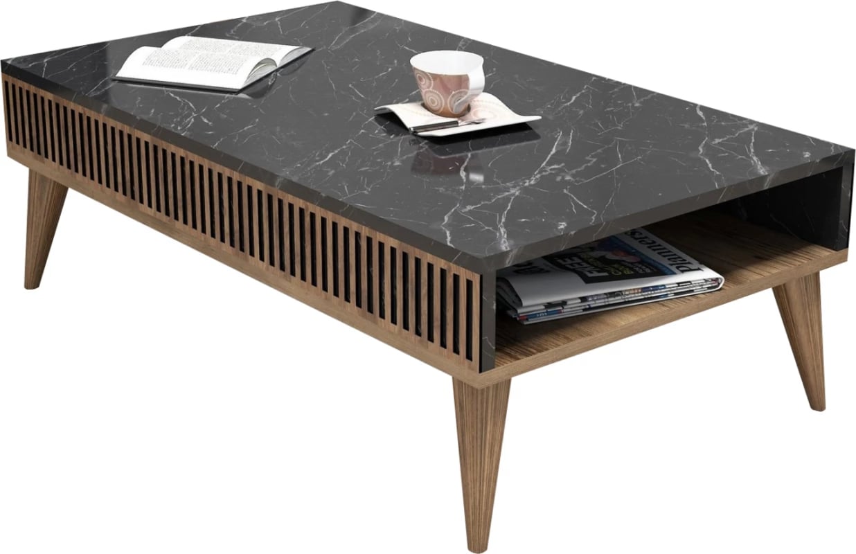 Tavolinë kafeje, melaminë, ngjyrë arre, sipërfaqe mermeri të zi, FH9505.02, 105x60x34.6H cm