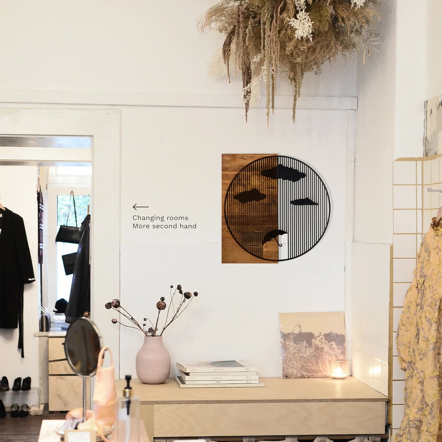 Aksesor dekorativ për mur, dru dhe metal, Wallity Yagmurlar, ngjyrë e zezë dhe arre, 58x58cm