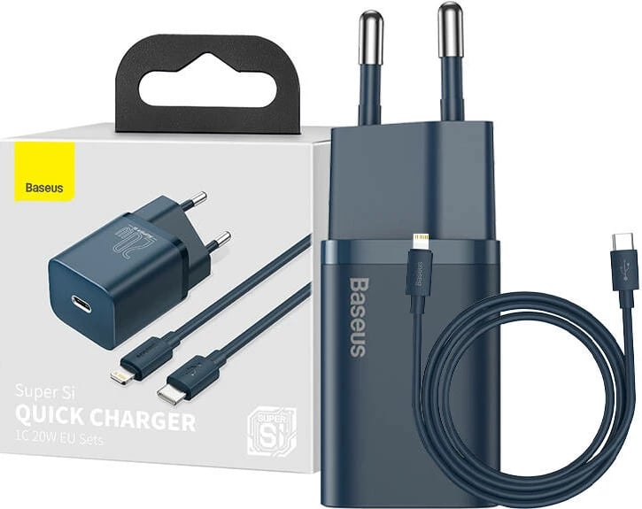 Karikues i shpejtë Baseus Super Si Quick Charger 1C, 20W, me kabllo USB-C në Lightning 1m, Blu