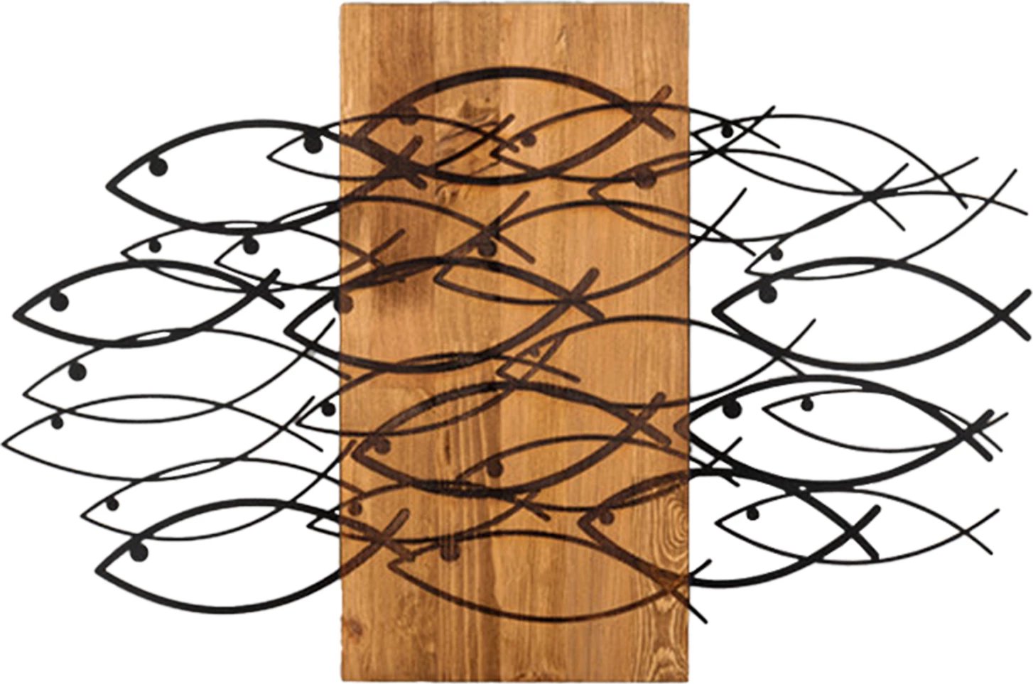 Dekor muri me peshq, metal i zi, dru natyral, FH4811, 87x3x58cm