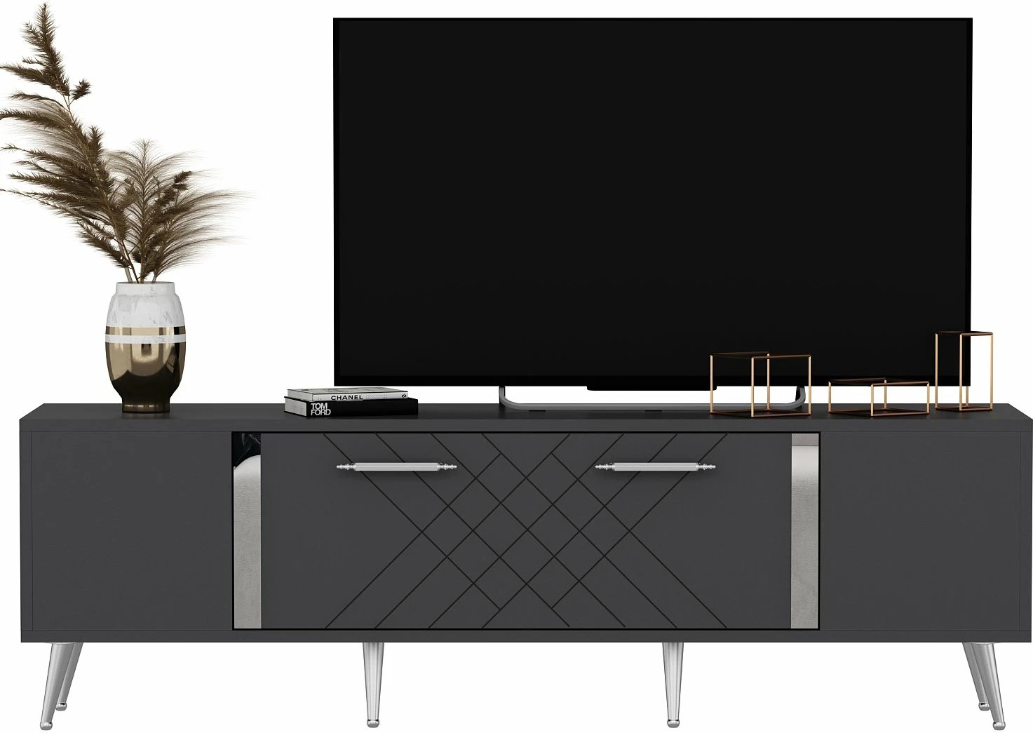 Komodë televizori, ngjyrë antracit dhe argjendi, Skye Decor, Detas
