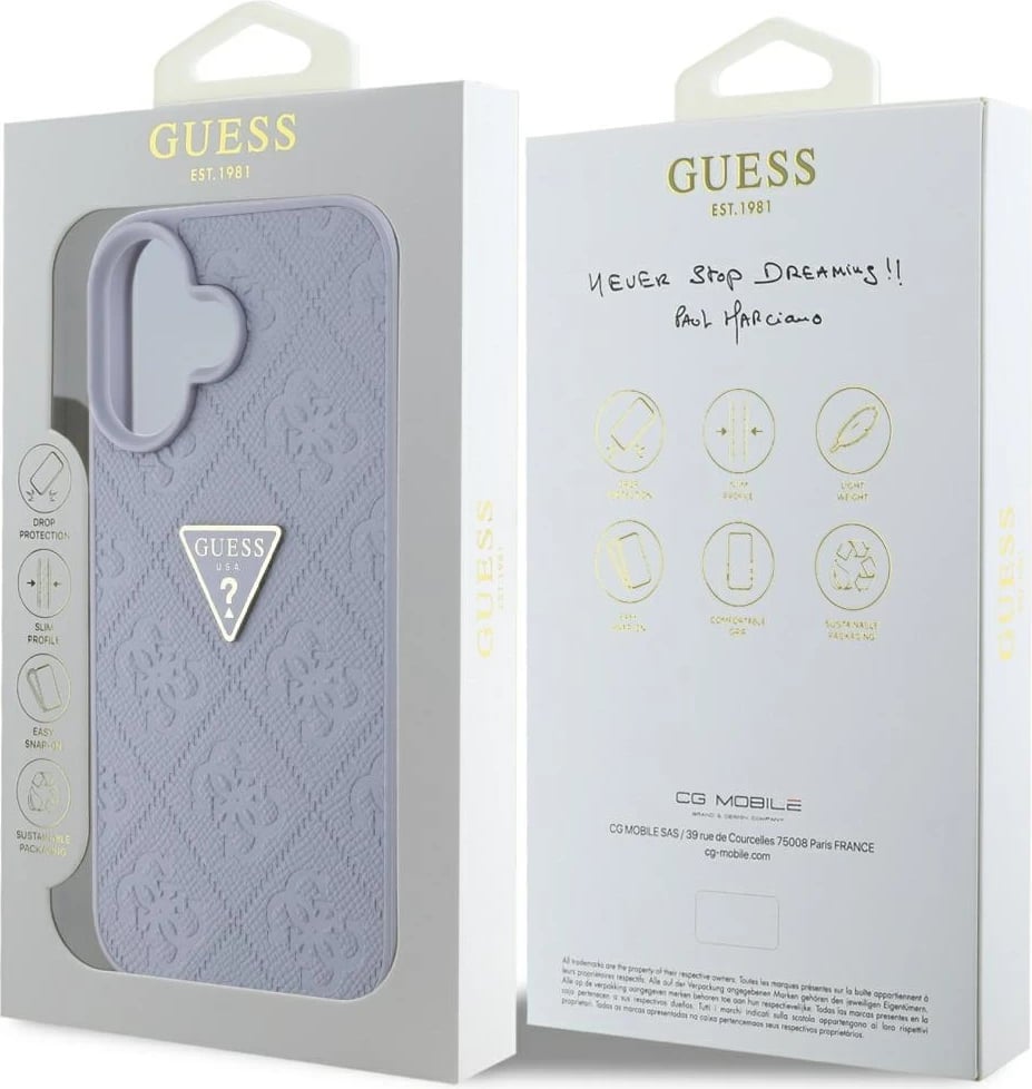 Mbështjellës Guess Hot Stamp 4G Pattern Triangle Metal Logo për iPhone 16, Vjollcë Mbështjellës Guess Hot Stamp 4G Pattern Triangle Metal Logo për iPhone 16, Vjollcë