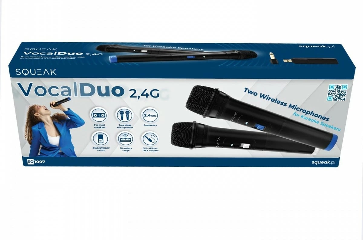 Set mikrofonash karaoke SQUEAK SQ1007 VocalDuo 2.4G, 30m, i zi, 2 copë