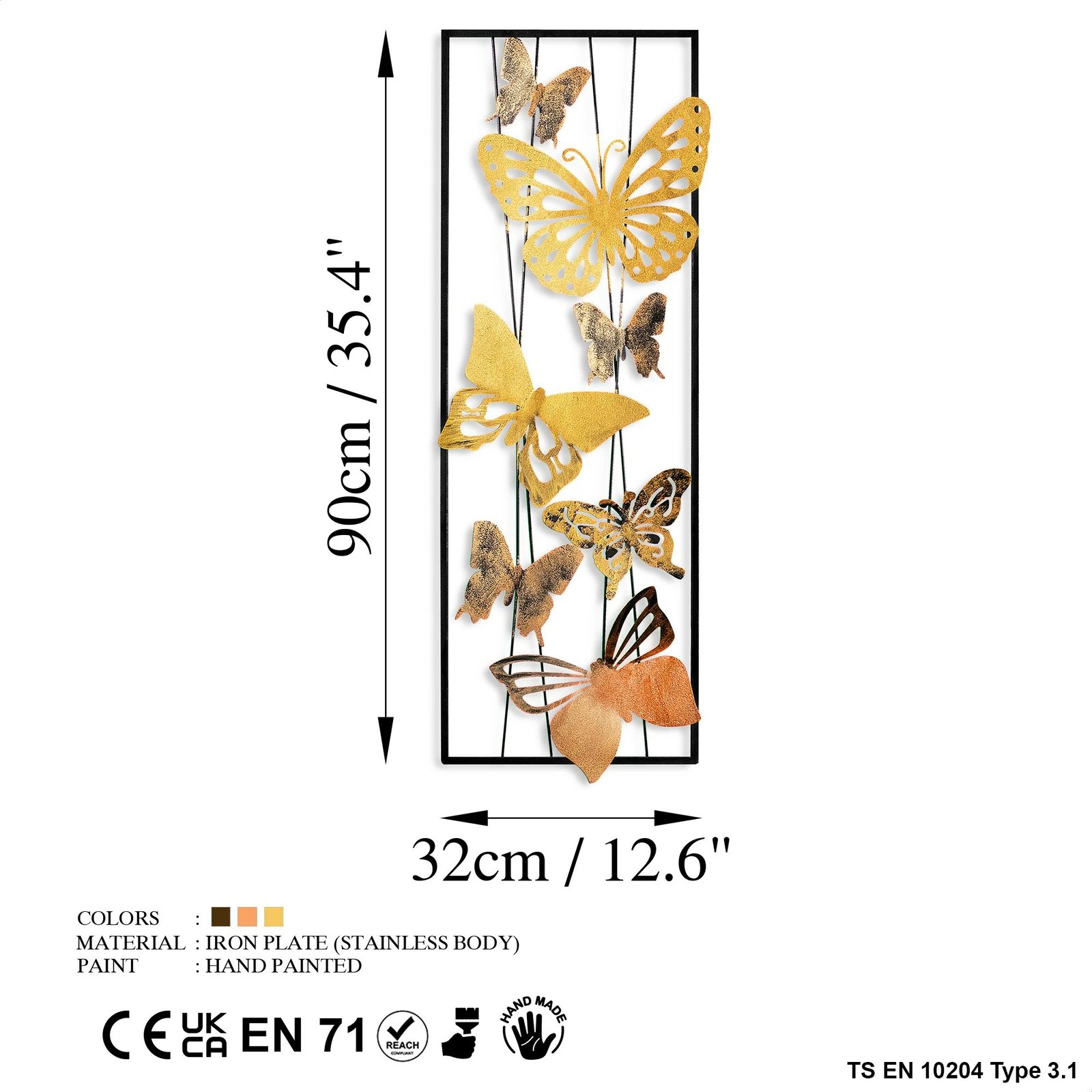 Aksesor dekorativ metalik për mur, flutura, shumëngjyrëshe, Wallity, Kelebek 2