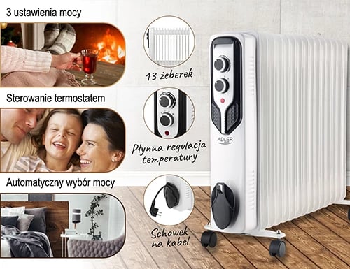 Radiator me vaj, Adler, 7819, 2500W 15 seksione, 3 nivele ngrohjeje, termostat, i bardhë