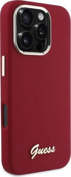 Mbështjellës Guess Silicone Script Metal Logo për iPhone 16 Pro, Kuqe