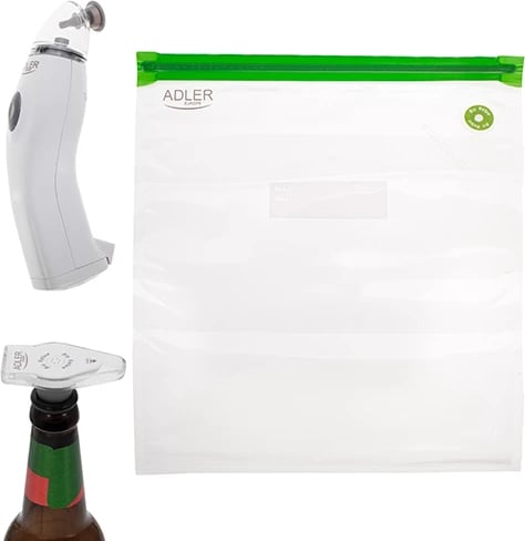 Set vakumimi ushqimi, Adler AD 4515, ekstraktor ajri, 8 L/min, -0.5 bar, AC ose 6xAA, e bardhë, me qese të ripërdorshme dhe mbyllës shishe