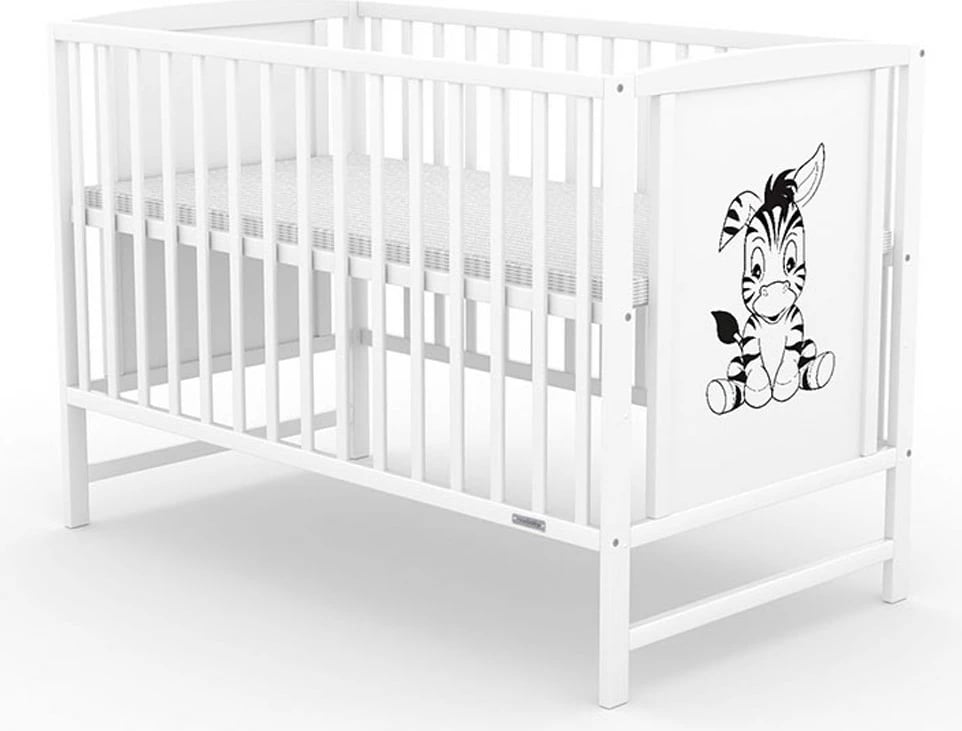 Krevat bebe, New Baby, BEA Zebra, 120x60 cm, 3 nivele lartësie, 3 shufra të heqshme, dru pishe, i bardhë