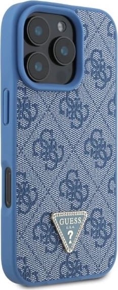 Mbështjellës Guess Leather 4G Triangle Strass për iPhone 16 Pro, MagSafe, Blu