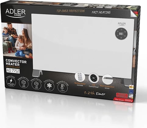 Ngrohës konvektor Adler AD 7752 2000W, ekran LED me prekje, telekomandë, timer 1–24h, IPX24, i bardhë/gri