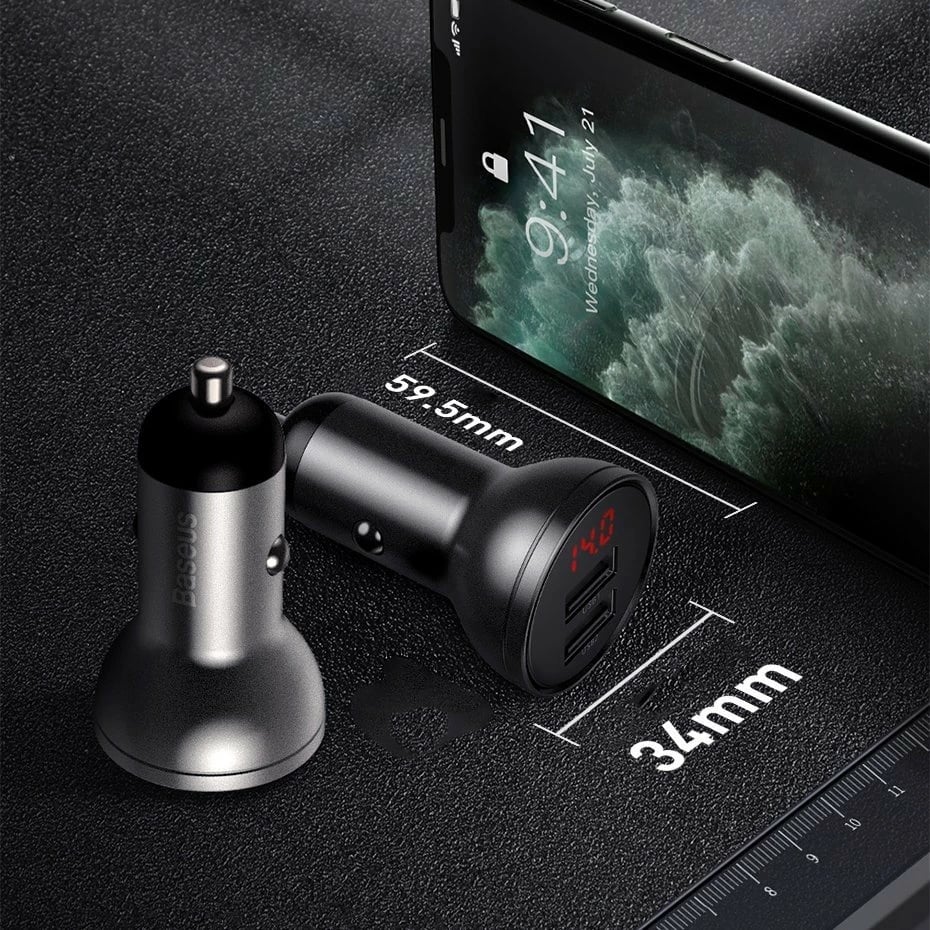 Karikues veture Baseus TZCCBX-0G, 2x USB, 24W, me ekran LCD + kabllo 3-në-1 USB-C/micro USB/Lightning, 1.2m, zi Karikues veture Baseus TZCCBX-0G, 2x USB, 24W, me ekran LCD + kabllo 3-në-1 USB-C/micro USB/Lightning, 1.2m, zi