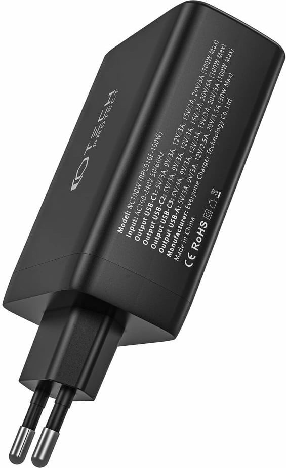 Karikues rrjeti Tech-Protect NC100W-GAN, 4 porta, 100W, USB-C/USB-A, i zi