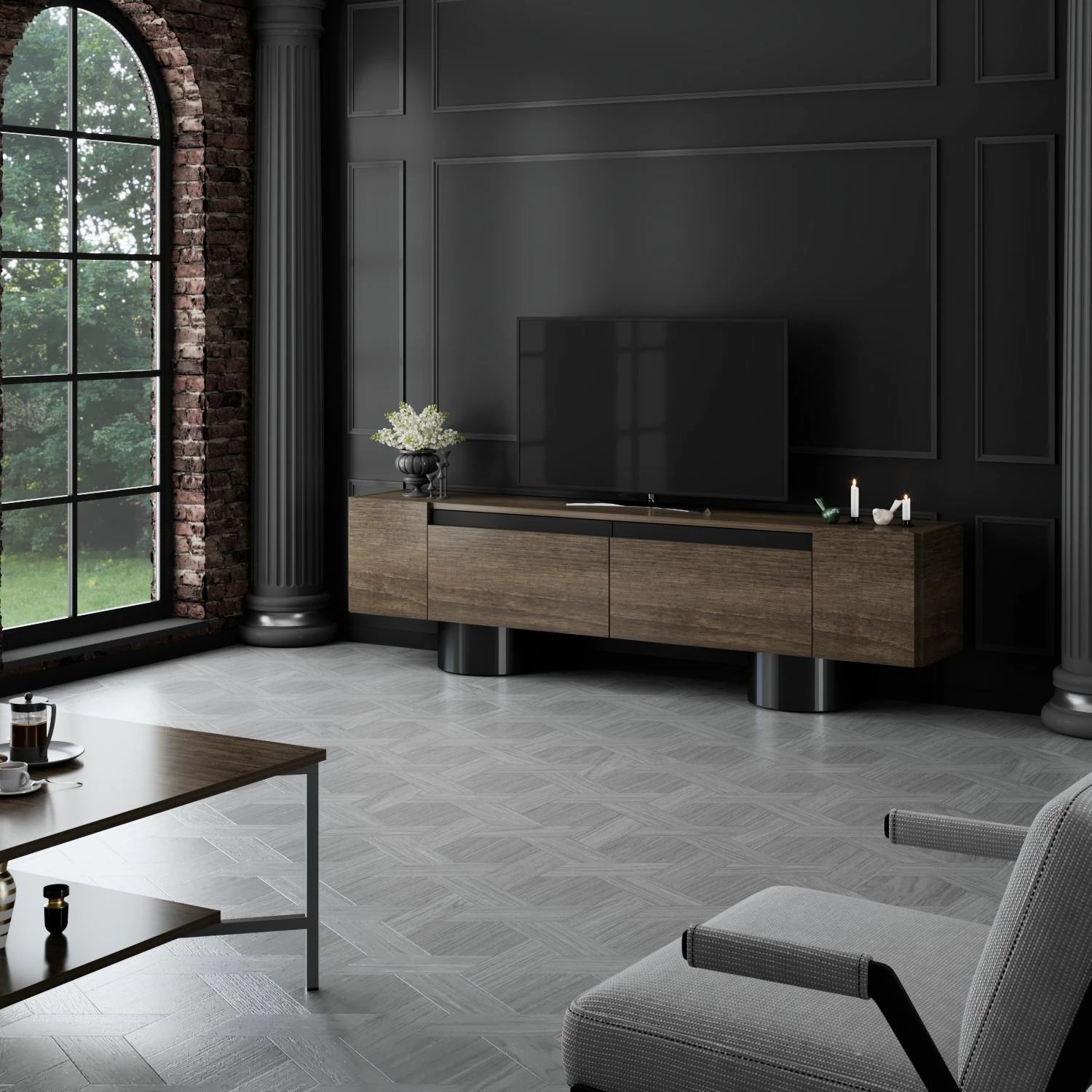 Komodë TV Skye Decor, bohem, ngjyrë arre dhe e zezë