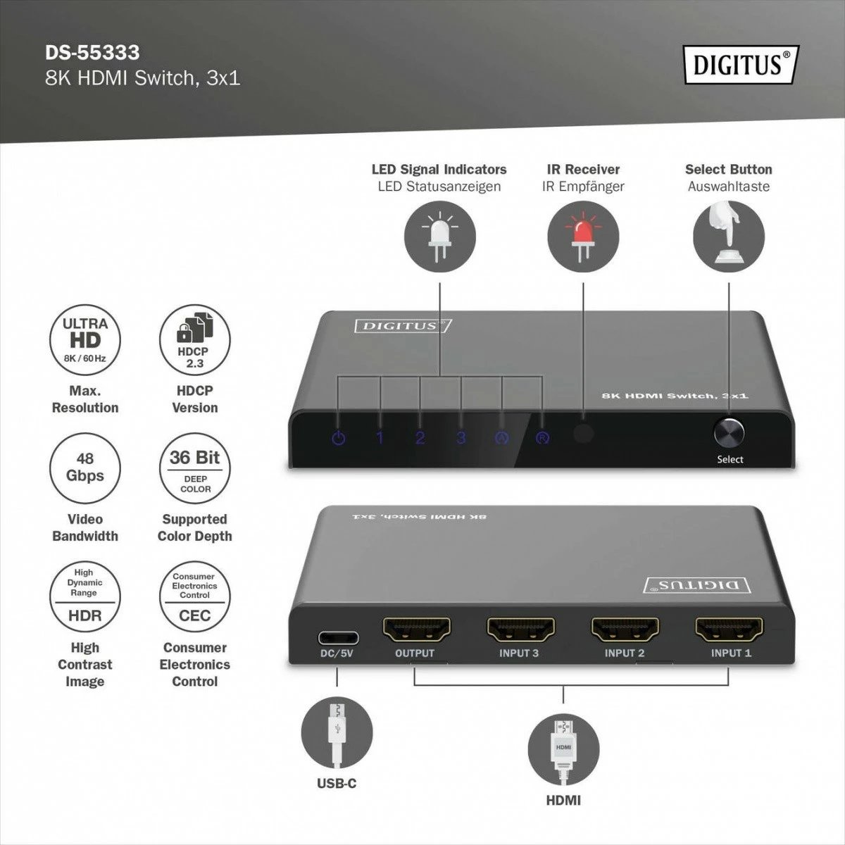 Switch HDMI 8K Digitus DS-55333 me telekomandë, 3 hyrje, 1 dalje, e zezë
