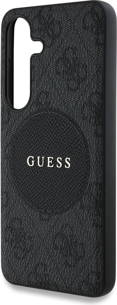 Mbështjellës Guess 4G Round Patch Classic Logo MagSafe për Samsung Galaxy S25, i zi