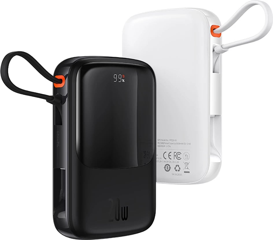 Powerbank Baseus Qpow 10000mAh me kabllo USB Type-C të integruar, 22.5W, Bardhë