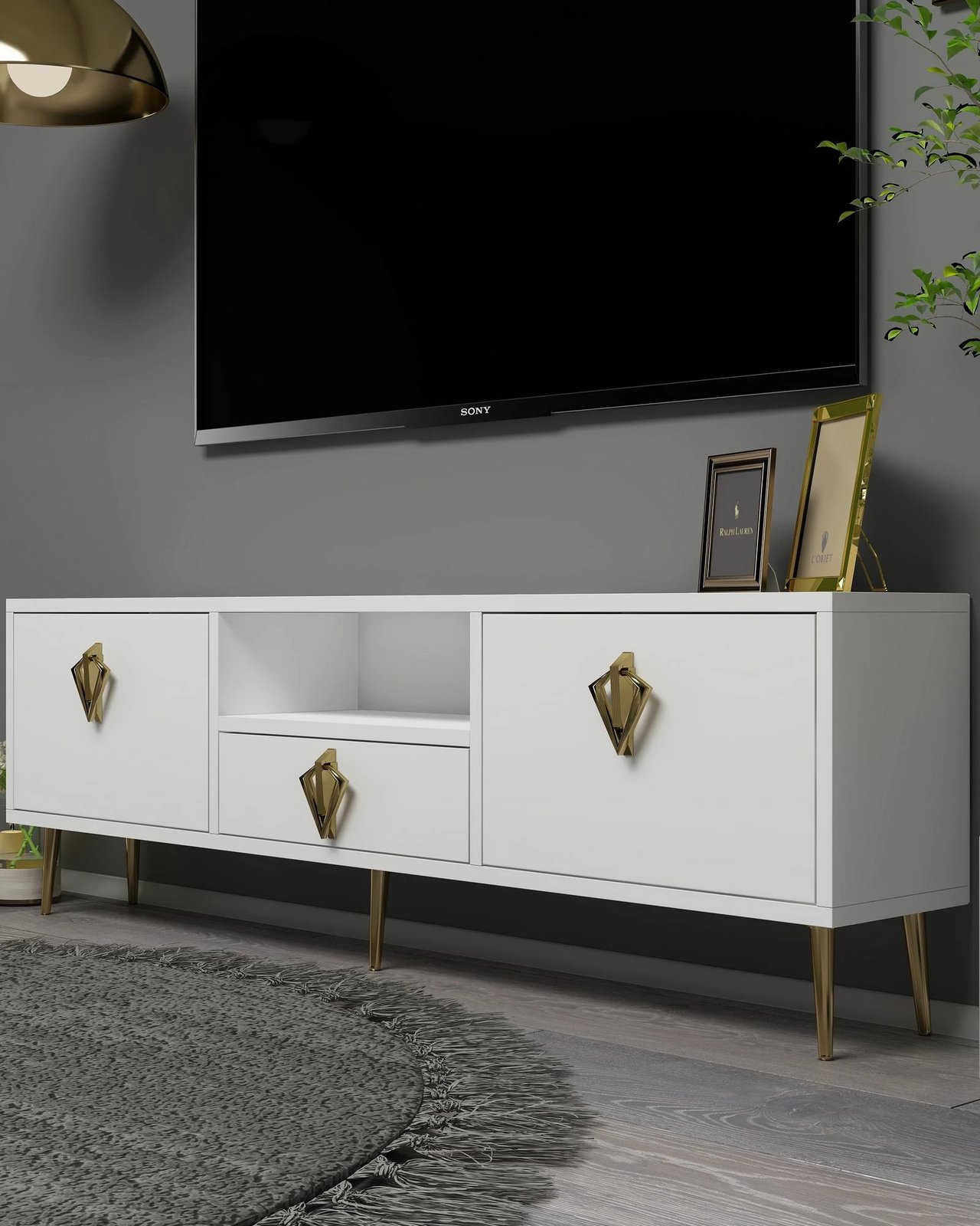 Komodë TV Skye Decor, e bardhë, e artë, 1313-DROP-32